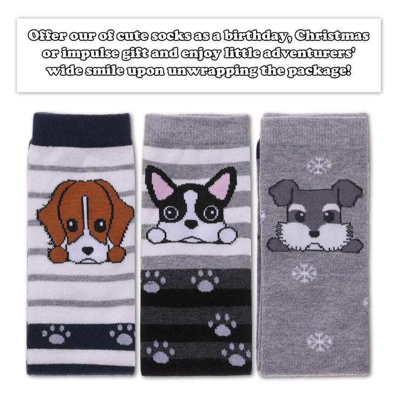 FNOVCO Girls Knee High Socks Kids Crazy Fun Gift Cute Animal Patterns Cotton Long Socks 3 Pairs (Dog) - Image 3
